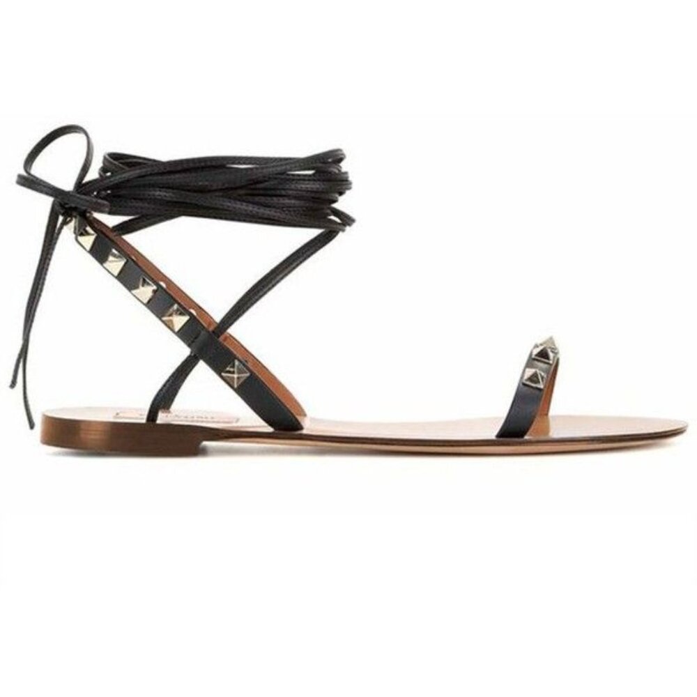 Valentino Garavani Rockstud Lace Up Gladiator Sandals Black with Gold Studs
